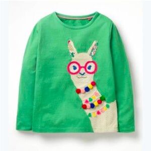 Mini Boden Sz 4/5Y Green Kids Llama Shirt with pom-poms